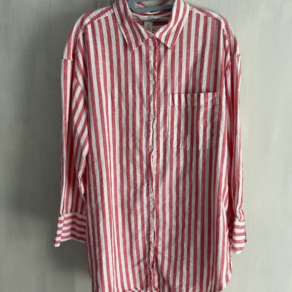 H&M Linen-Blend Shirt in Red Stripe - Picture 7 of 8